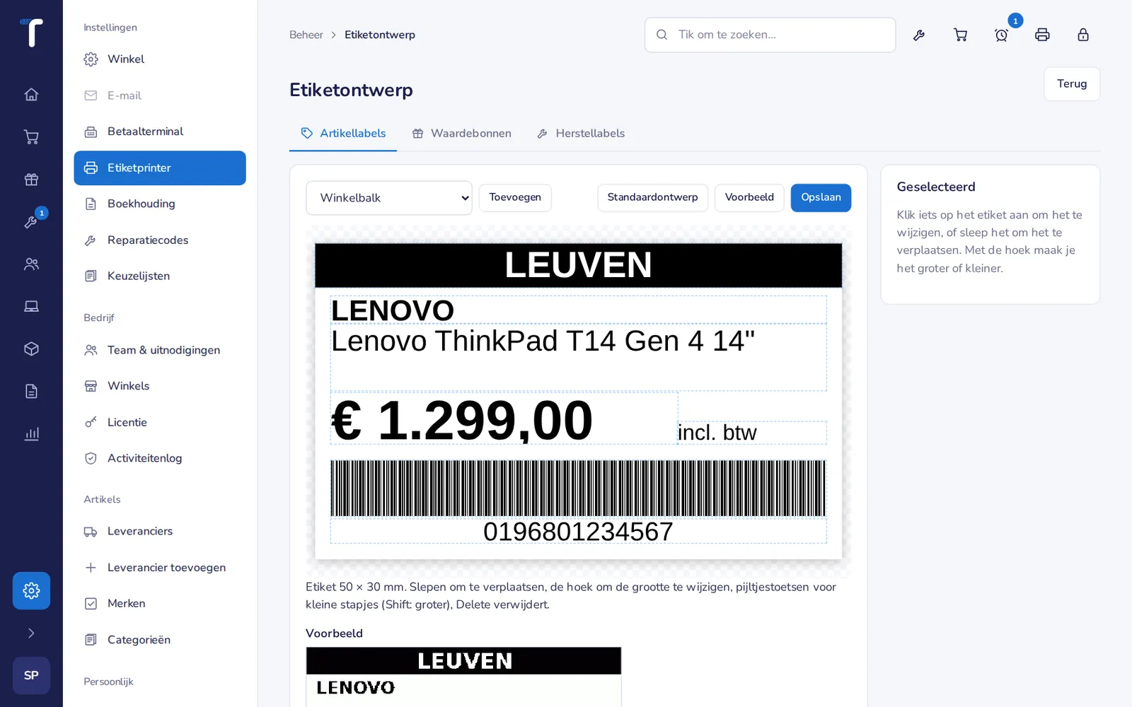 Het ontwerp van een artikeletiket.