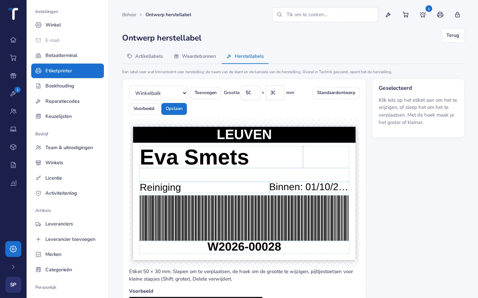 Het ontwerp van het herstellabel: de naam van de klant en de barcode van de herstelling.