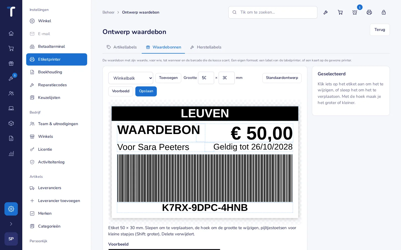 Het ontwerp van een waardebon: sleep, vergroot en voeg toe wat je wil.
