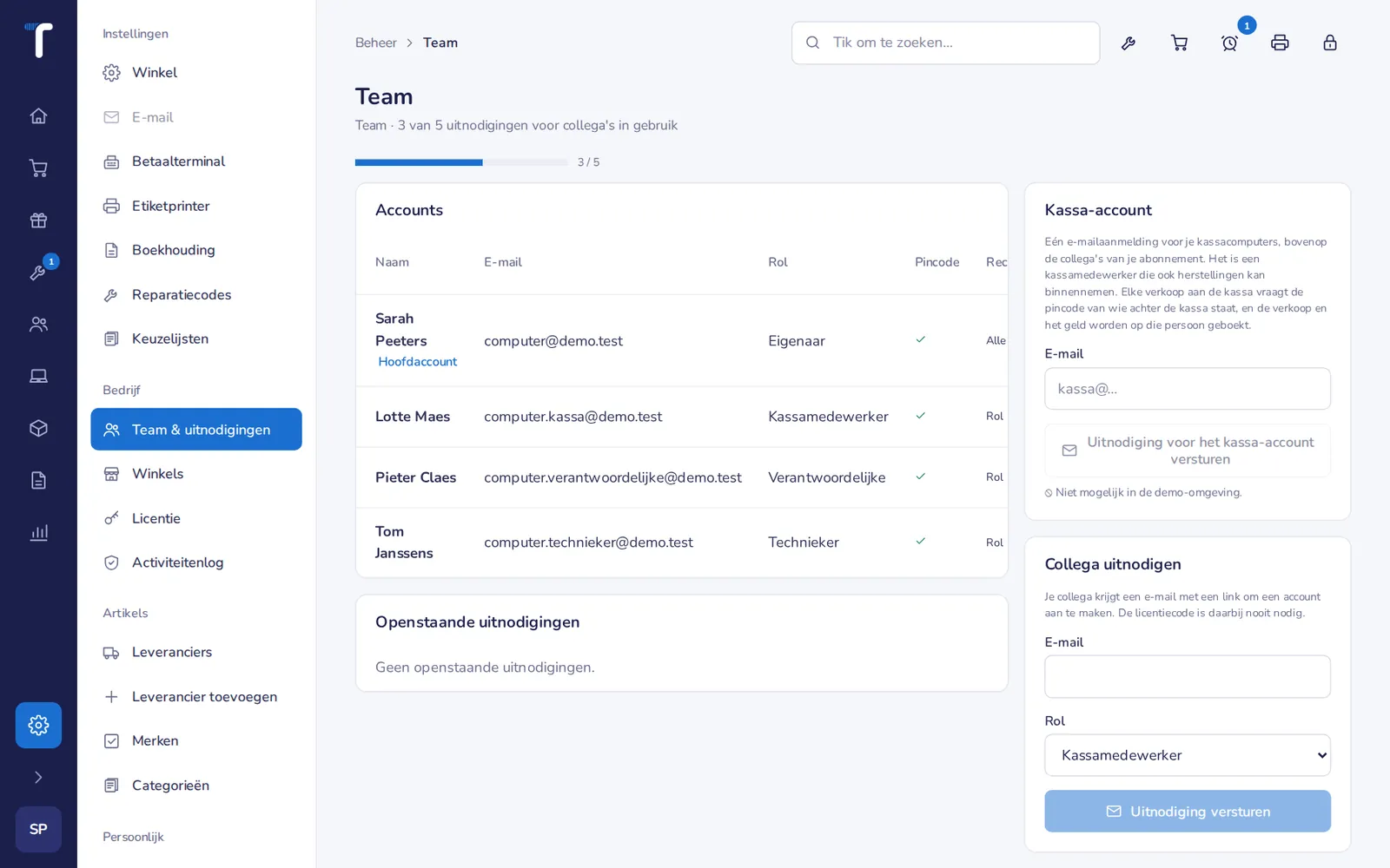 Team: de accounts, hun rol, winkel en pincode, en de openstaande uitnodigingen.