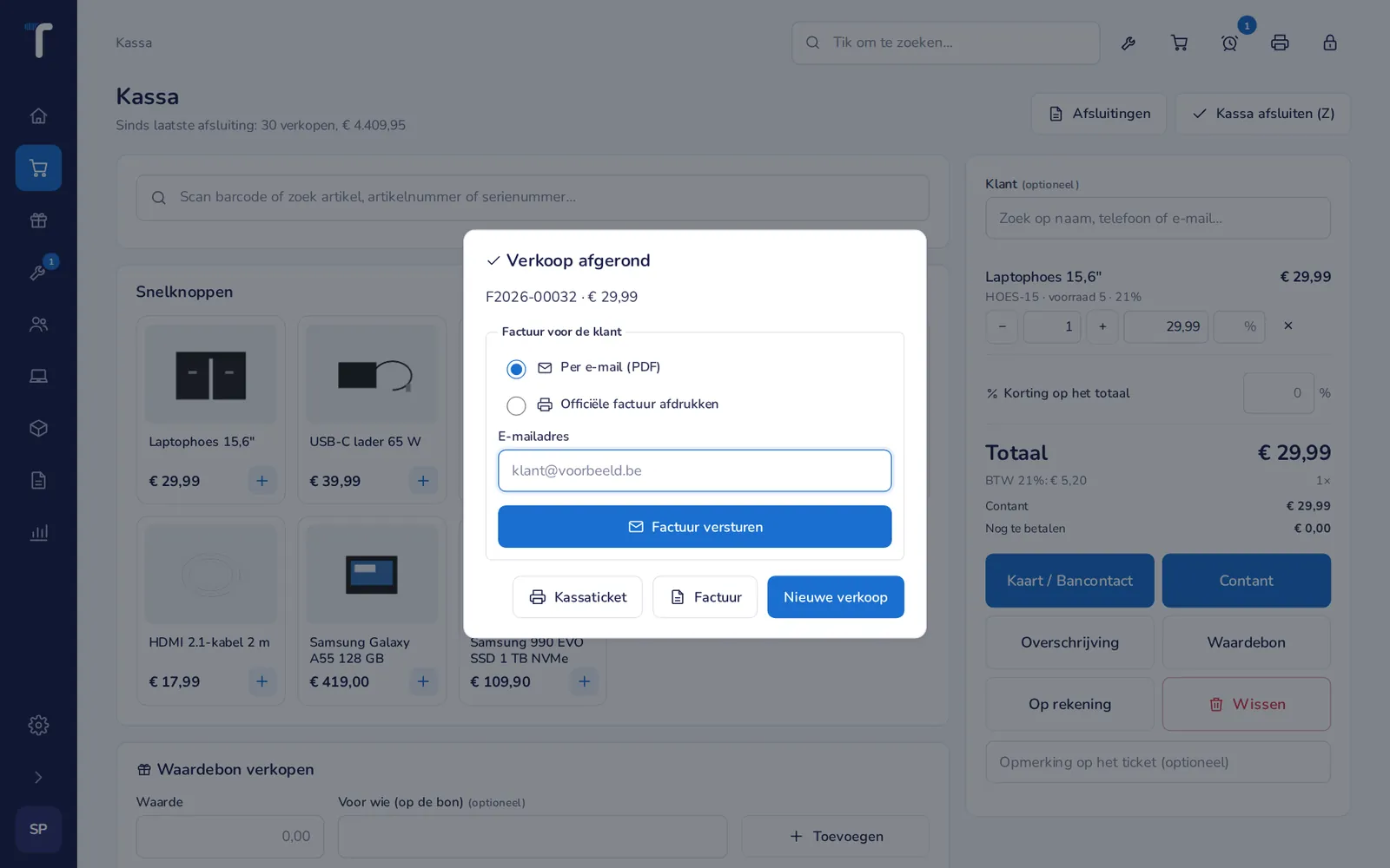 Verkoop afgerond: het kassaticket, of de factuur per e-mail, via Peppol of op papier.
