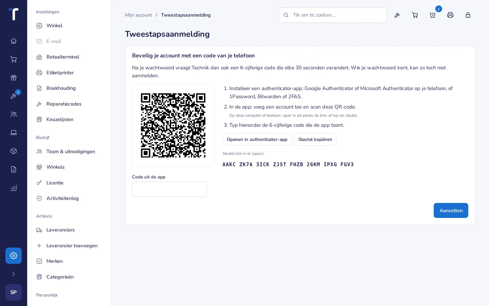 Tweestapsaanmelding aanzetten met een authenticator-app.